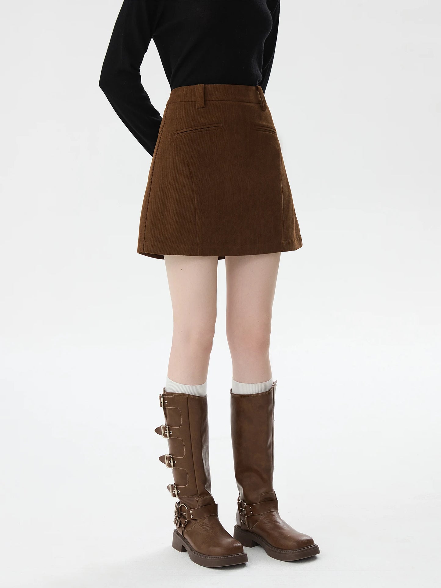 FSLE【2 Colors】Women Mini Skirts Zipper Waist Retro Brown Corduroy Above-Knee Length A-LINE Skirts Winter Black Bottom 24FS14555