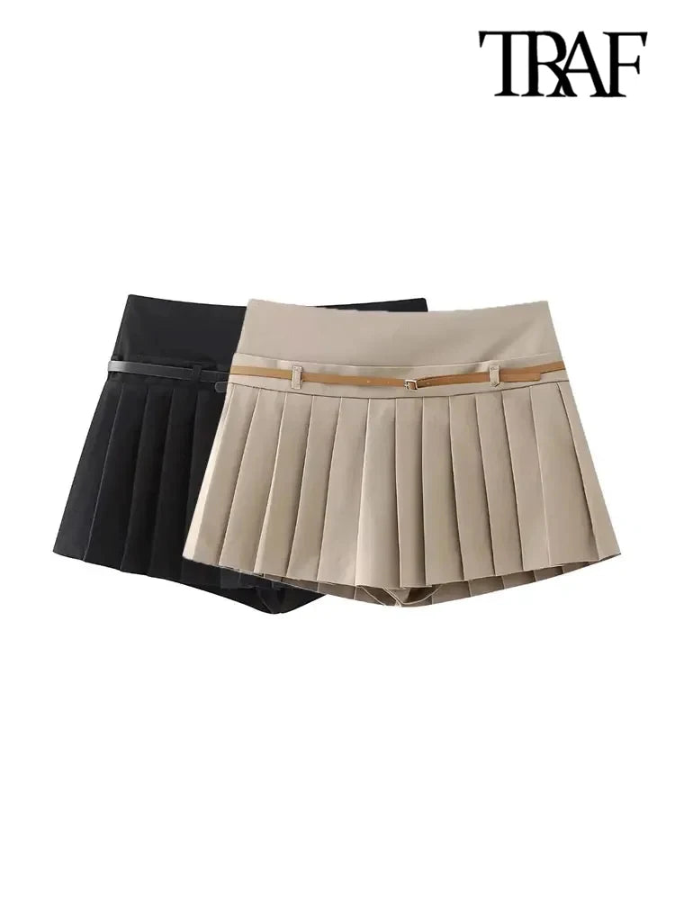 TRAF-Pleated Shorts Skirts for Women With Belt, Side Zipper, Mid Waist, Female Skort, Chic Fashion