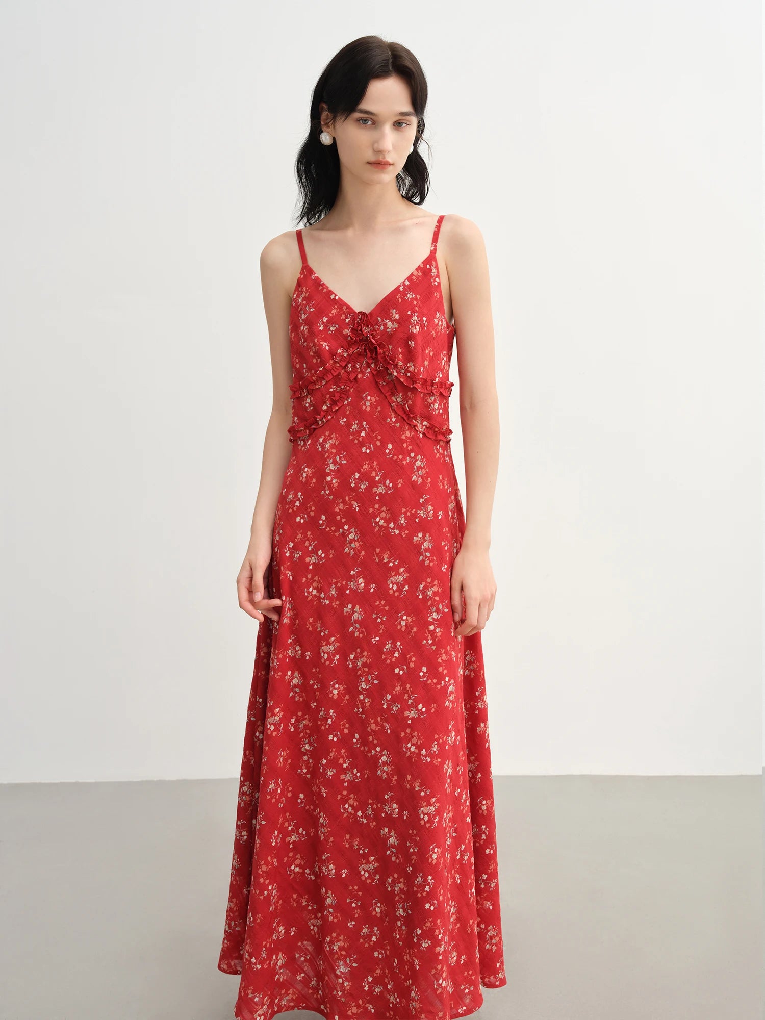 DUSHU 2025 Summer Women's Floral Checkered Maxi Dress - Curve-Flattering Ruffle Trim & A-Line Silhouette for Elegant Occasions