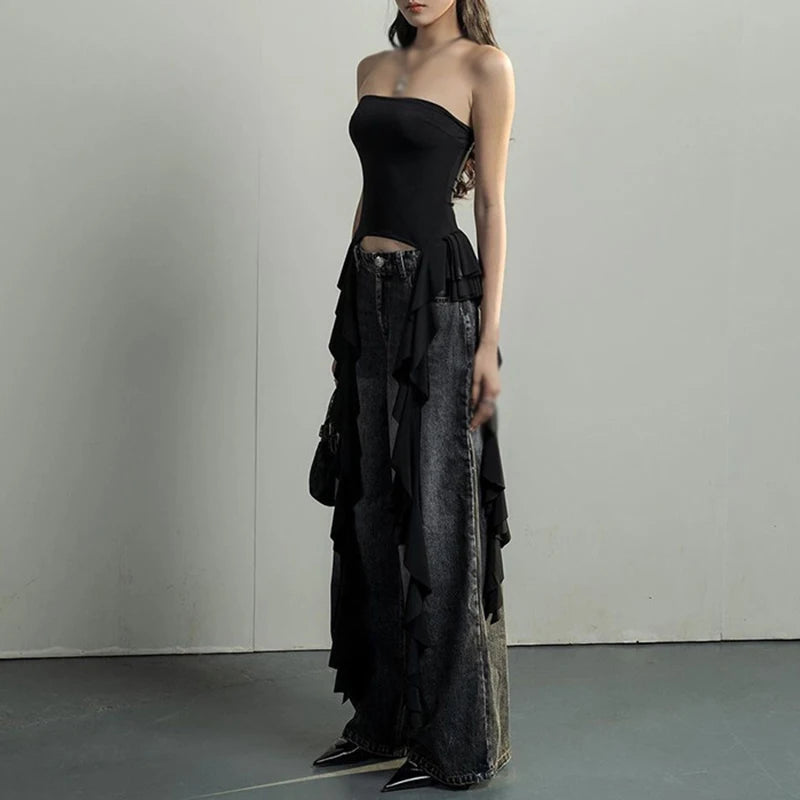 Ruffle Hem Strapless Tube Top Sleeveless Pleated Peplum Bandeau Tops