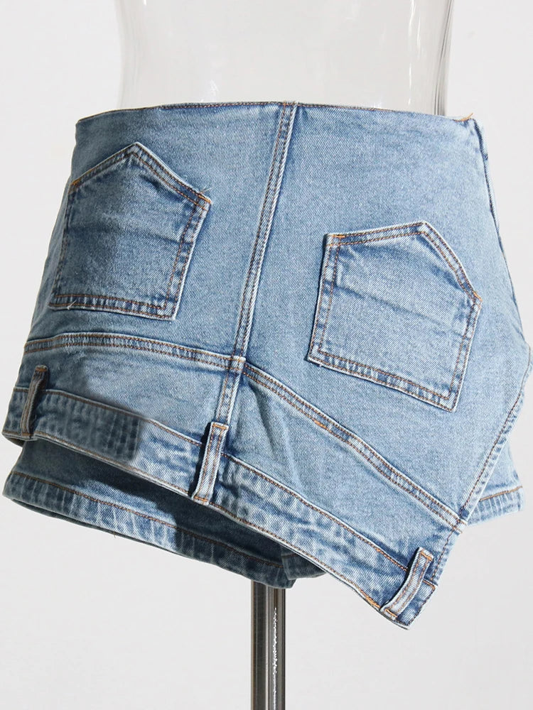 TWOTWINSTYLE Denim Solid Shorts Skirts For Women High Waist Patchwork Irregular Hem Streetwear Short Pants Female Clothing 2022