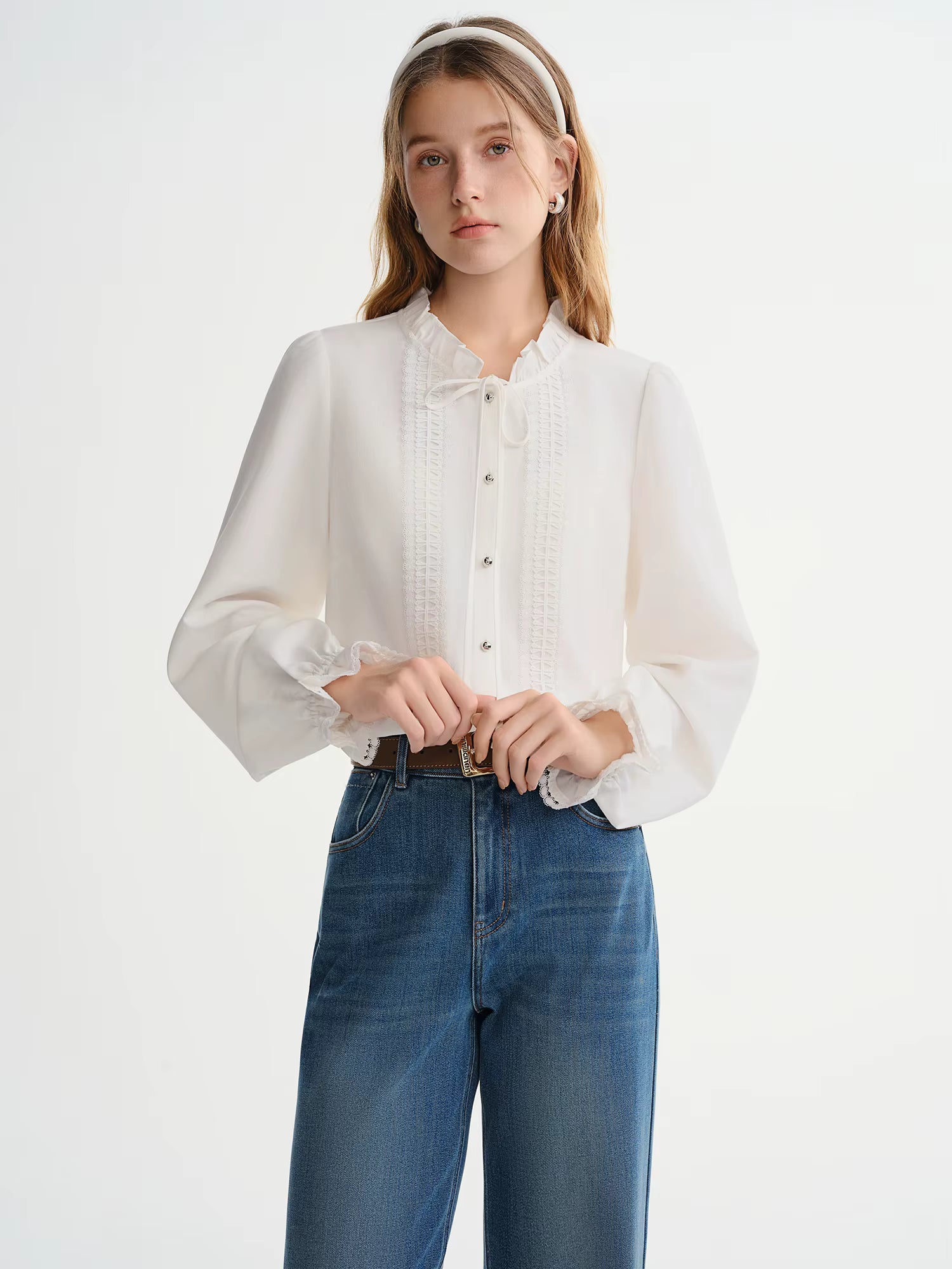 Plus-size Women's Clothing Jasmine Tale French-style Wooden Collar Stay Tie-front White Shirt Winter 2025 New Slimming Top