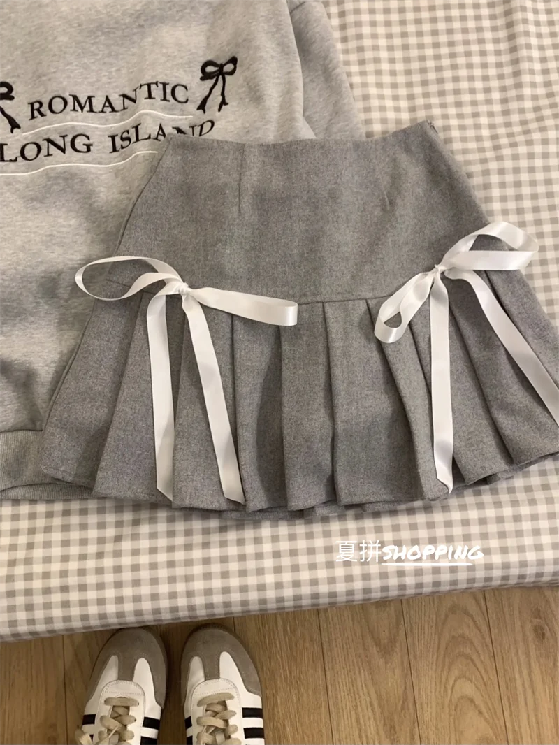Korean Girlish Embroidered Letters Loose Long-sleeved Sweater Women Slim High Waist Bow Pleated Skirt Leisure Two-piece Suit New