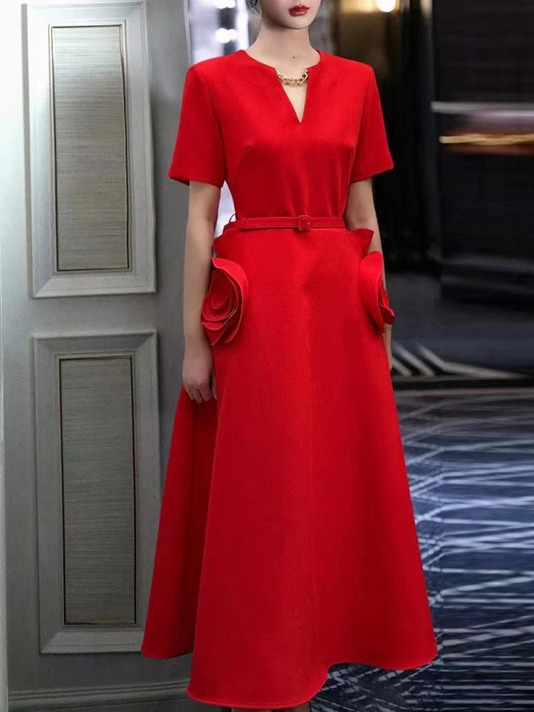 VGH Elegant Solid Patchwork Appliques Dresses For Women V Neck Short Sleeve High Waist Spliced Belt Temperament Dress Female New
