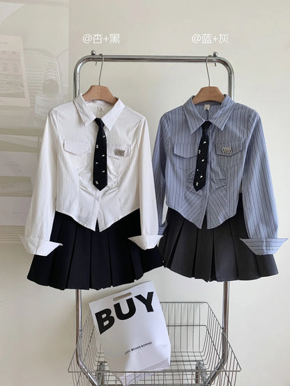 Women JK Preppy Y2k Gyaru Kpop 2000s Outfits 2 Piece Set Long Sleeve Shirts With Tie Crop Tops + Mini Pleated Skirts With Belt