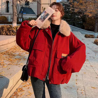 Lucyever Korean Thick Fleece Women Winter Jacket Fashion Loose Warm Plush Parkas Female Elegant Lapel Zipper Pocket Velvet Coat