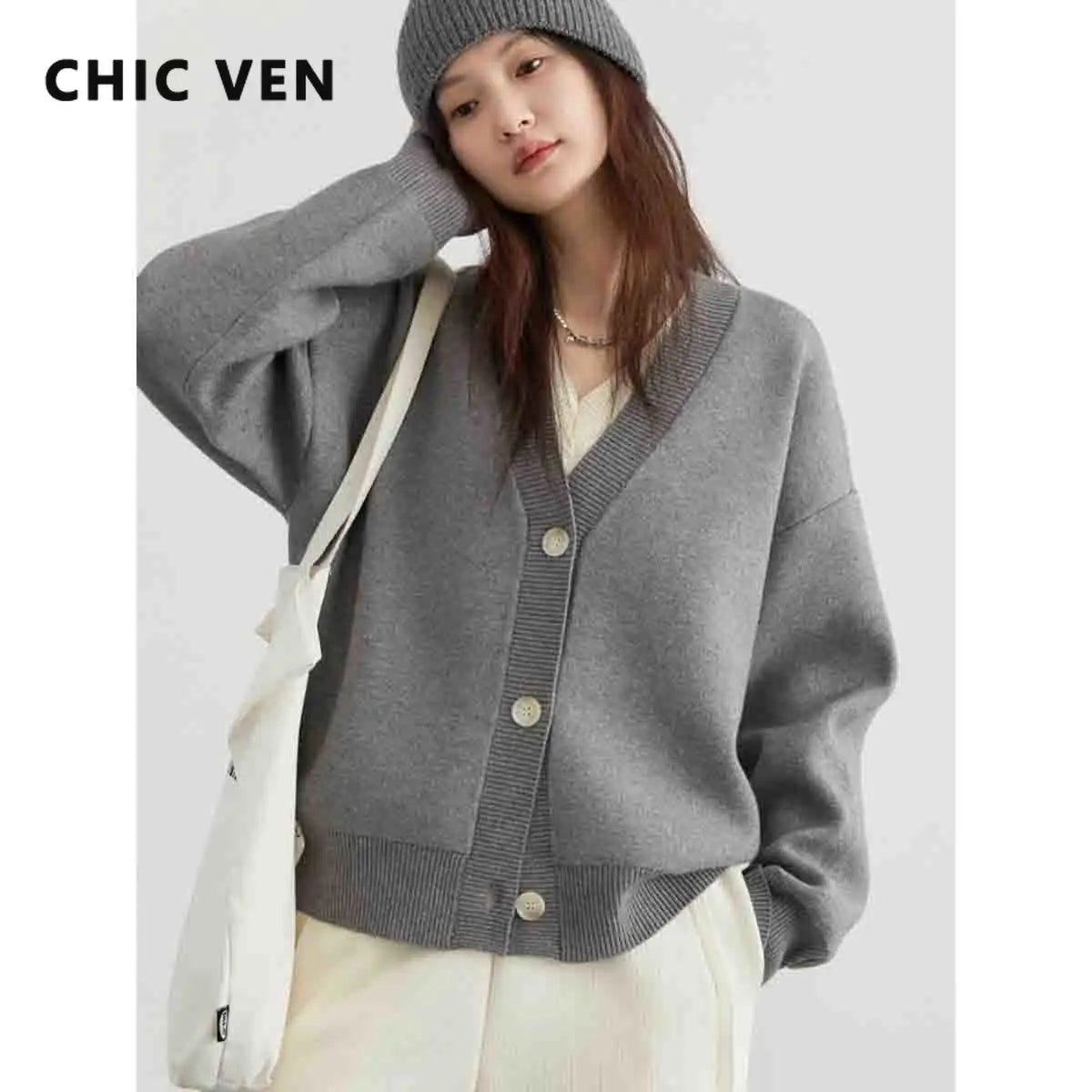 CHIC VEN Women's Cardigan Korean Casual Soild Loose Knit Sweaters V-neck Long Sleeved Fashion Female Clothes Spring Autumn 2024