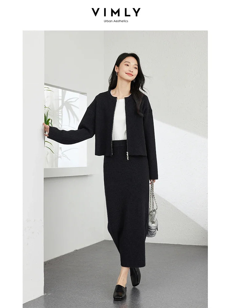 VIMLY Women's Elegant Knitted Suit Autumn Solid Outerwear Knitted Cardigan Jacket Straight Skirts Set Office Lady Simple Sets