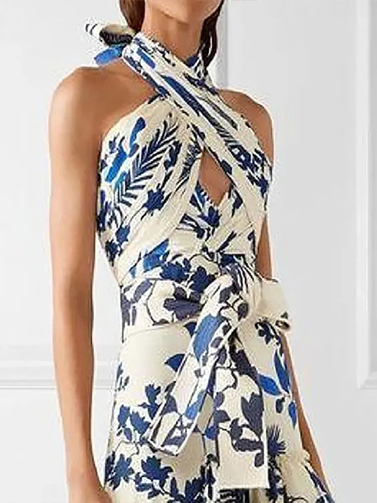 VGH Print Tierred Long Dresses For Women Halter Sleeveless High Waist Off Shoulder Hollow Out Long Casual Dress Female Fashion