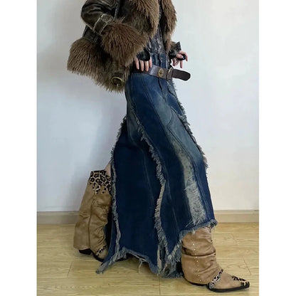 Women Blue Denim Half Body Skirt Tassels Bottoms High Waist Casual Korean Mid Length Skirt Baggy Vintage Female Long Skirt