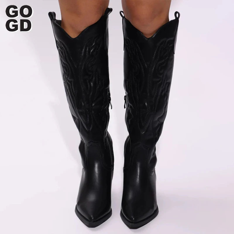 GOGD Retro Autumn Winter White Knee High Boots Big Size 41 Women Comfy Walking Female Western Cowboy Boot For Dropshipping Shoes