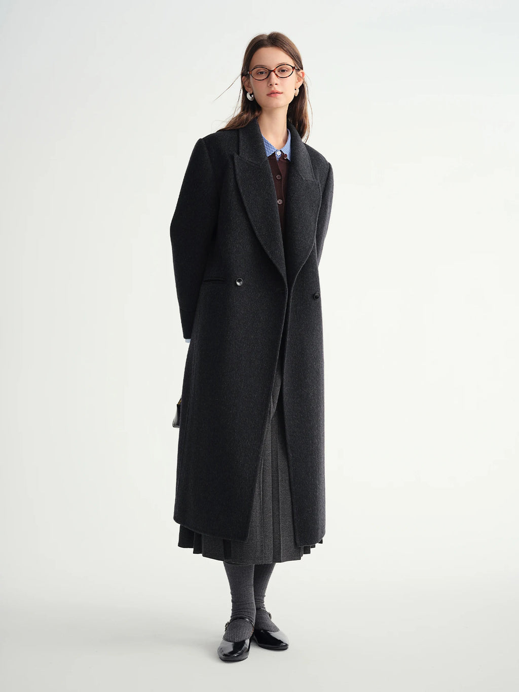 Temperament Turn Down Collar Long Woolen Coat Straight Shoulder Pure Wool Coat European Style Commuting Elegant