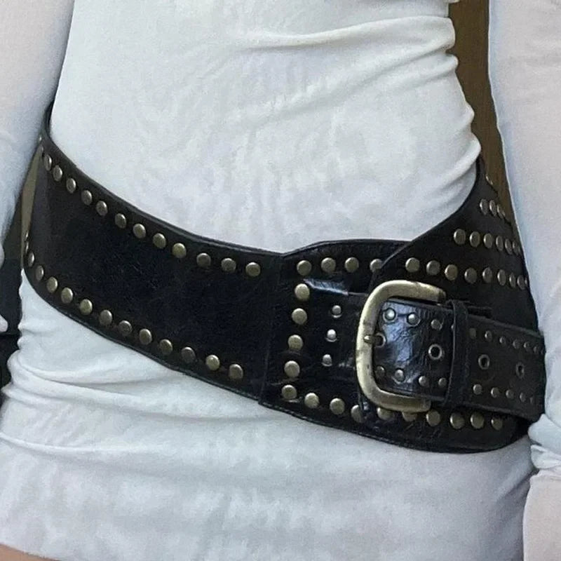 Y2K Rivet Ring Belt Vintage Punk Style Crop Belts Women Fashion Hollow Out Decorative Concave-shaped Belt Streetwear