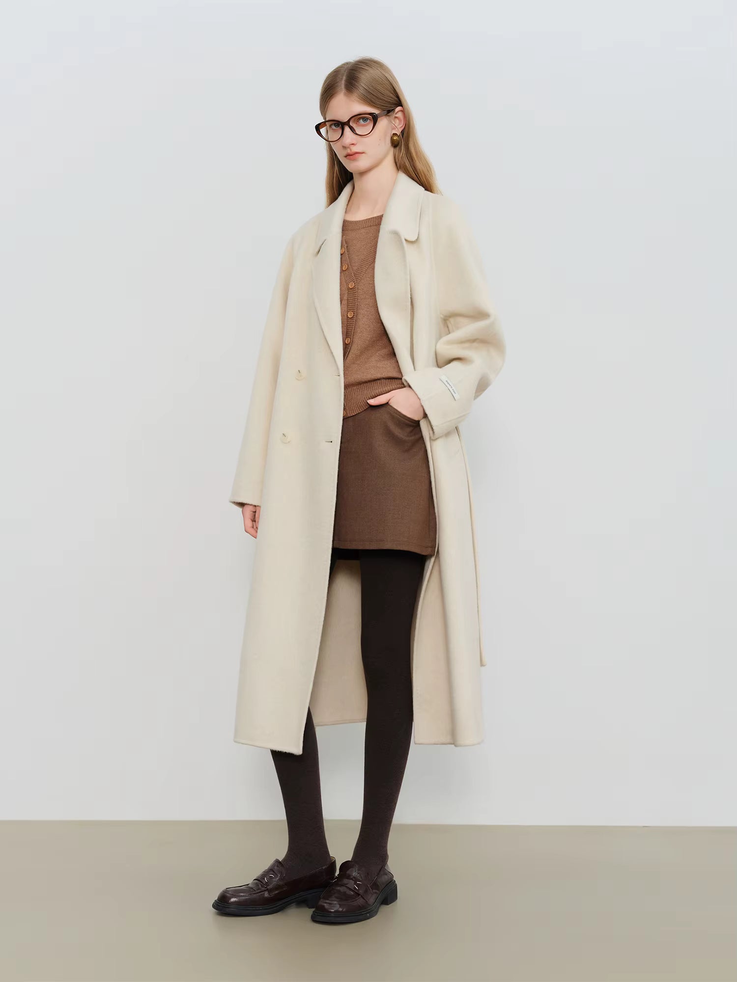 Crafty Studio Petite Women's White Camel Wool Coat with Double Faced Design 2025 Winter New Collection Wool