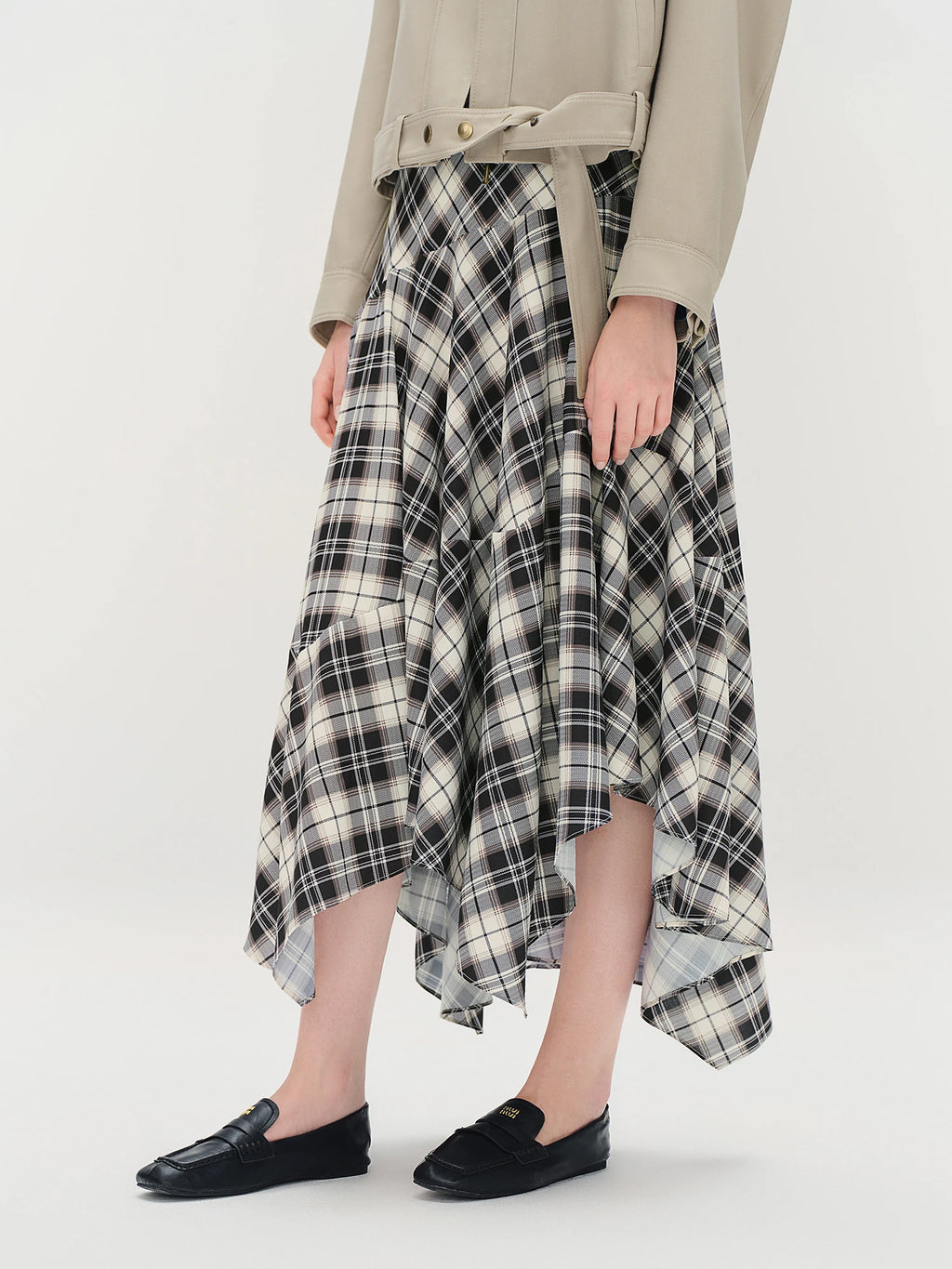 DUSHU Plus Size Women's [South France Story] Irregular Deconstructed Checkered Retro French Long A-Line Skirt