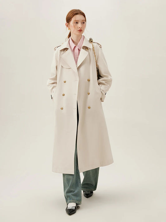 FSLE Turn-down Collar Double Breasted Office Lady Long Trench Coats Light Khaki Spring New Temperament Straight Jacket 24FS11092