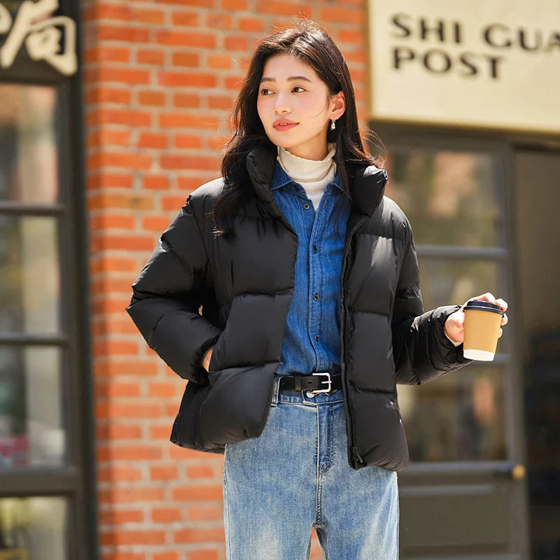 Semir Down Jacket Women Three-Proof Solid Color Stand-Up Collar Loose Simple Winter 2024 New Versatile Goose Warm Down Jacket
