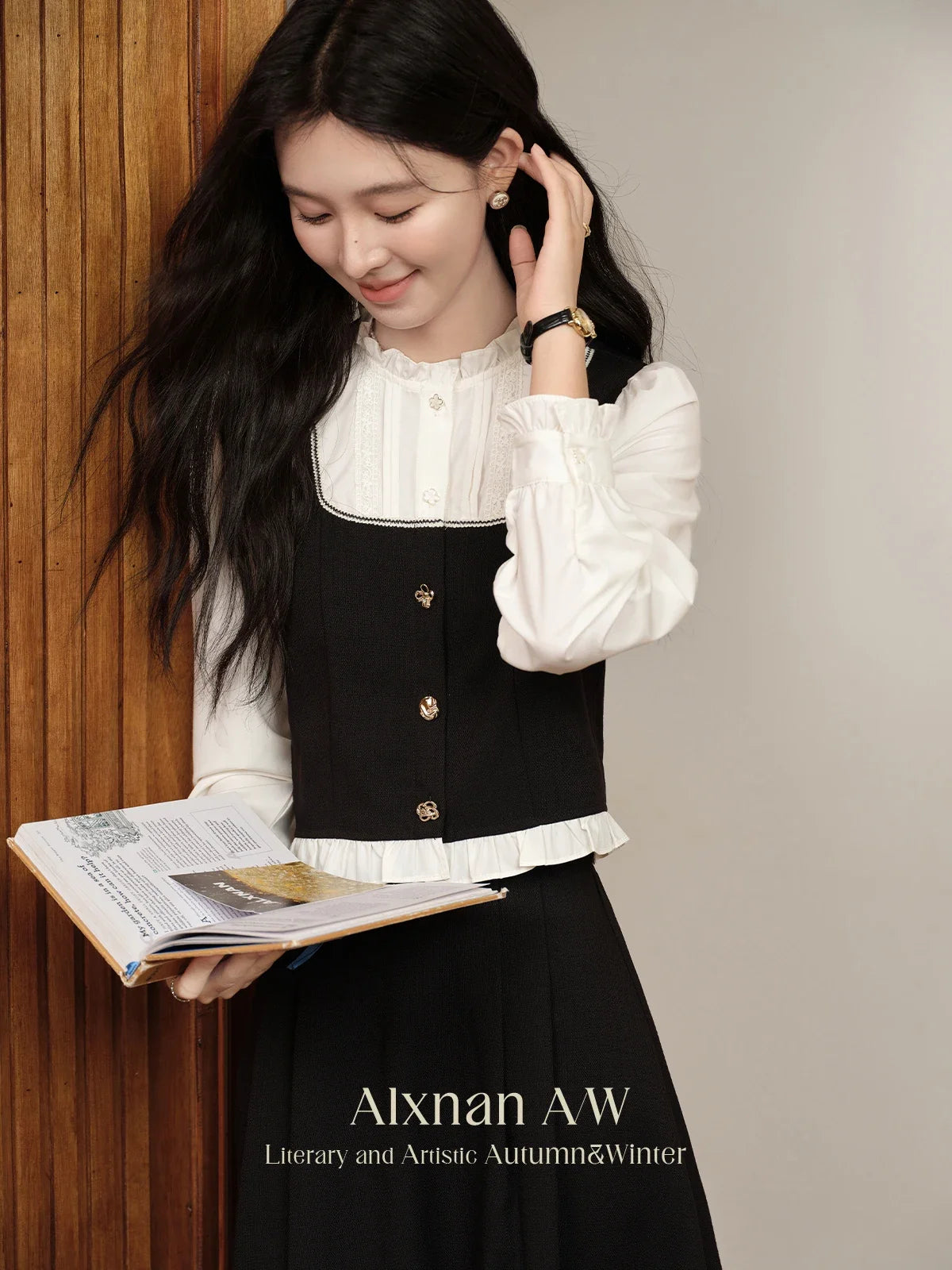 ALXNAN Women's Ruffle Collar Shirt 2024 Autumn Spliced Button Down Casual Shirt Female Long Sleeve Single Breasted Top L39653