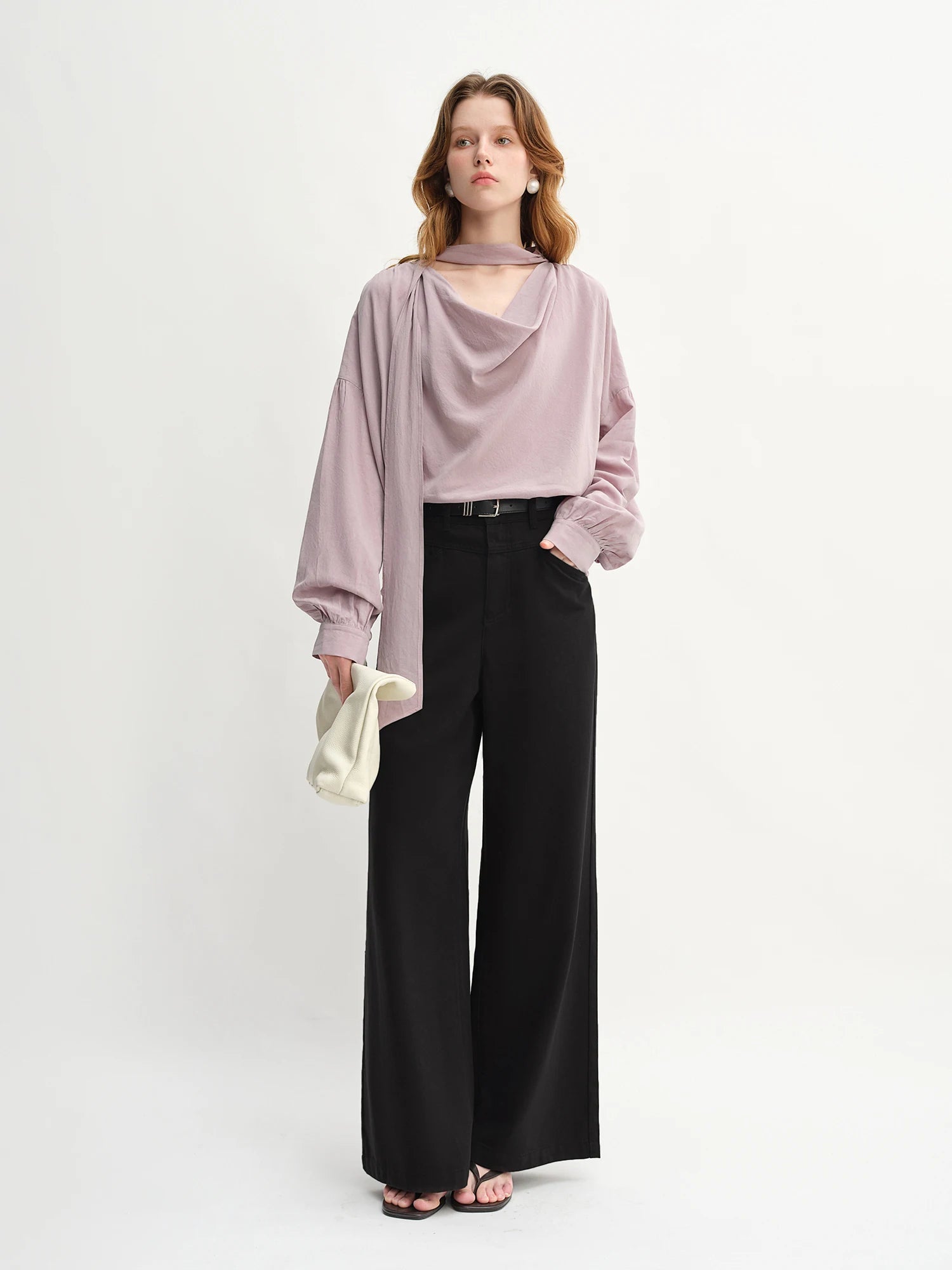 DUSHU Autumn 2025 Women's Drop Shoulder Top - Moonlight-inspired Ribbon Trim Lyocell Blend Elegant Loose Fit Casual Blouse