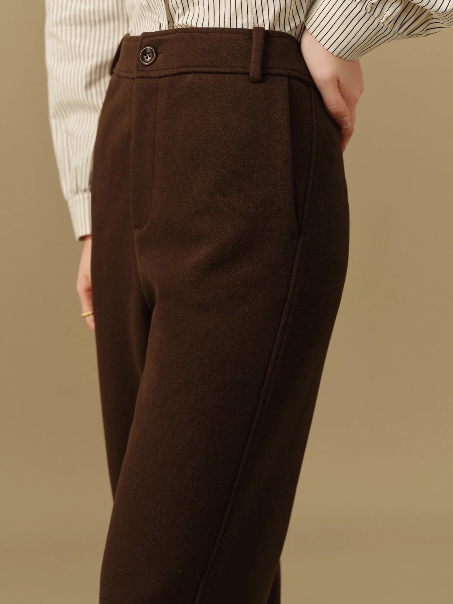 DUSHU Women Winter Trousers Thicken Cropped Office Lady Black Commuter Pants Brown Traped Winter Thick Casual Pant 24DS84432
