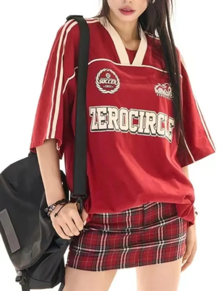 Deeptown American Retro Red Oversized T-shirt Women Summer 2024 Korean Fashion Streetwear Striped Loose Short Sleeve Tee Top
