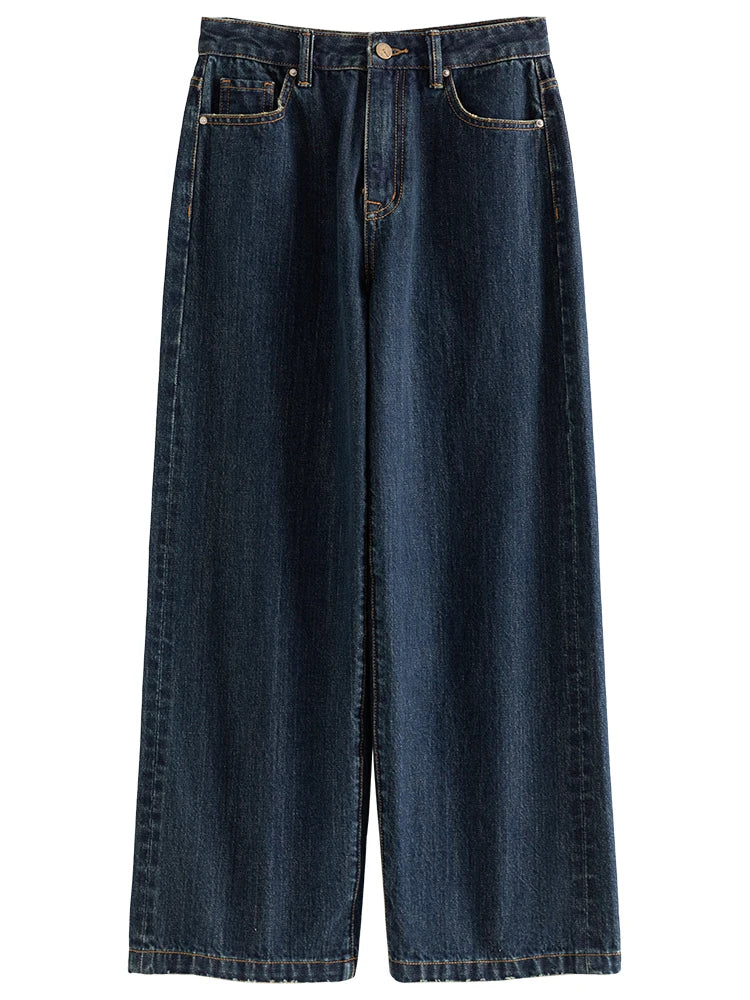 ZIQIAO Casual Style Retro Straight Wide-leg Jeans for Women 2023 New Autumn High Waist 100% Cotton Thin Nine-point Pants Female