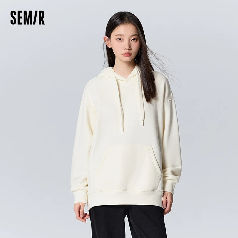 Semir Hoodie Women Mid-Length Loose Slit Letter 2024 New Winter Thermal Antibacterial Fleece Hooded Casual Versatile Sweatshirt