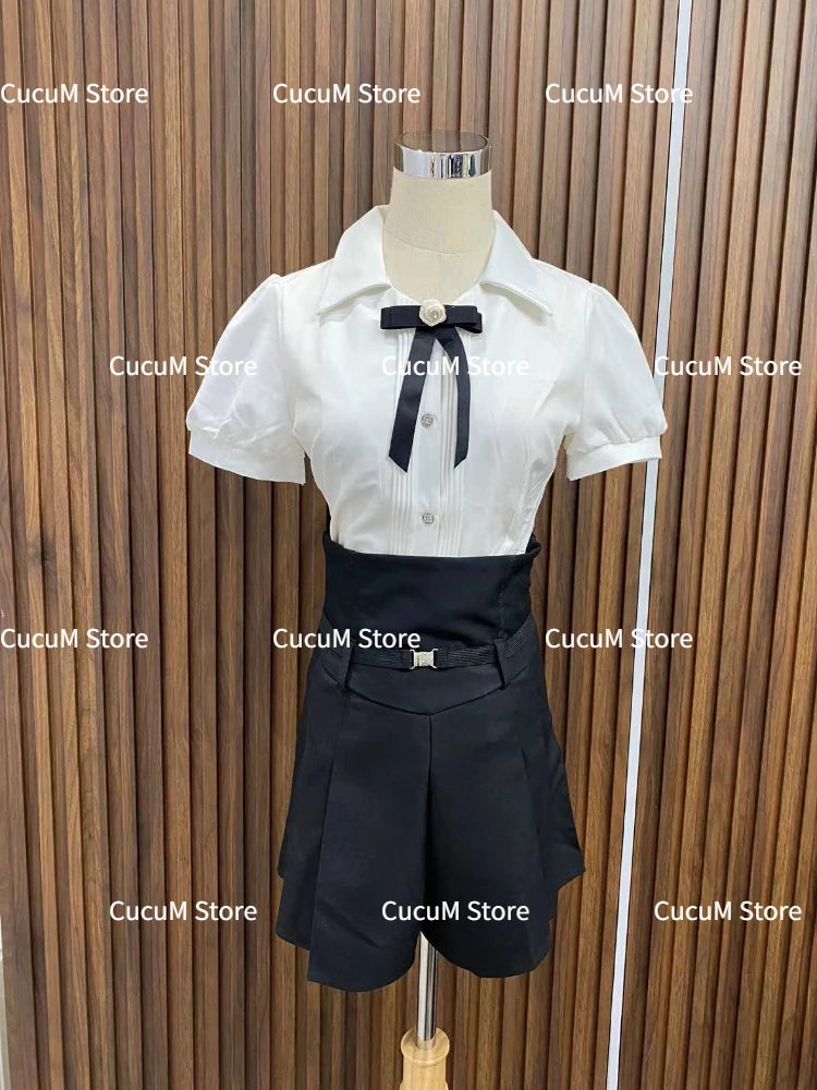 Aesthetics Elegant Suit Woman Short Sleeve White Blouse + High Waist Slim Shorts Kawaii Korean Fashion Set Clothing 2024 Summer