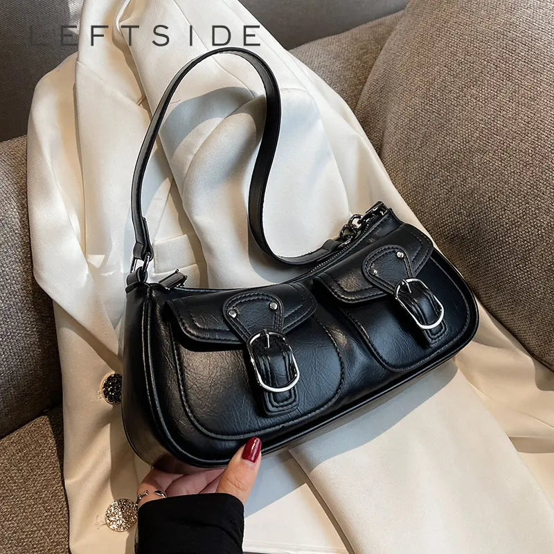 LEFTSIDE Fashion Leather Shoulder Armpit Bag for Women 2022 Tend Female Simple Small Pocket Design Underarm Handbags and Purses