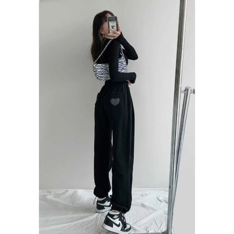 Women's 2024 Spring Autumn Korean Loose Solid Color Panel Pocket Printed Casual Sports Elasticized High-waisted Straight Pants