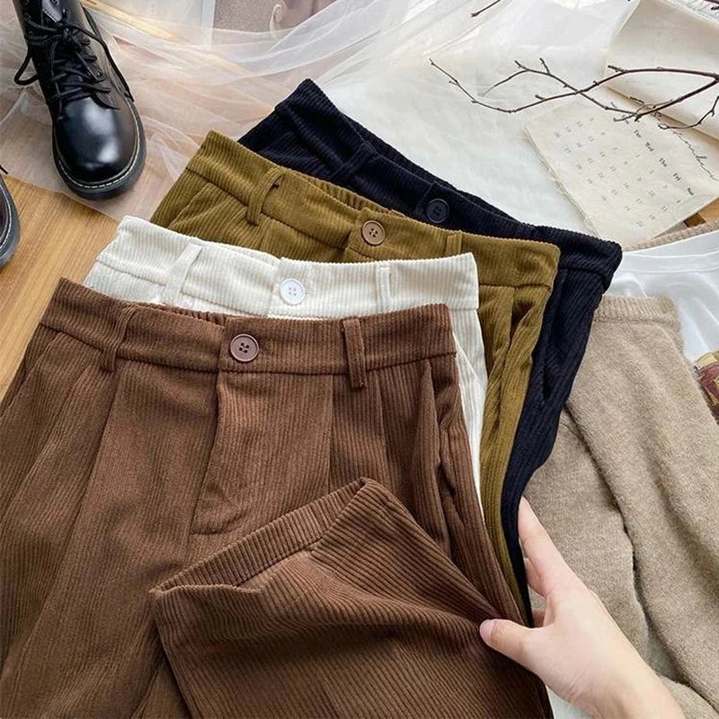 Vintage Corduroy Women Pants High Waist Coffee Wide Leg Pants Fall Casual Korean Office Ladies Trousers New