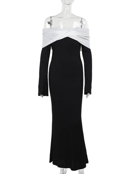 Mozision Off-shoulder Long Sleeve Sexy Maxi Dress For Women Autumn Winter New Patchwork Backless High Waist Sexy Club Long Dress