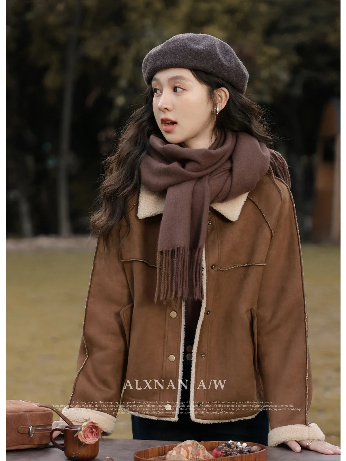 ALXNAN Lamb Wool Coat Female 2024 Autumn Winter New Maillard Spliced Lapel Collar Single Breasted Straight Jacket L330203