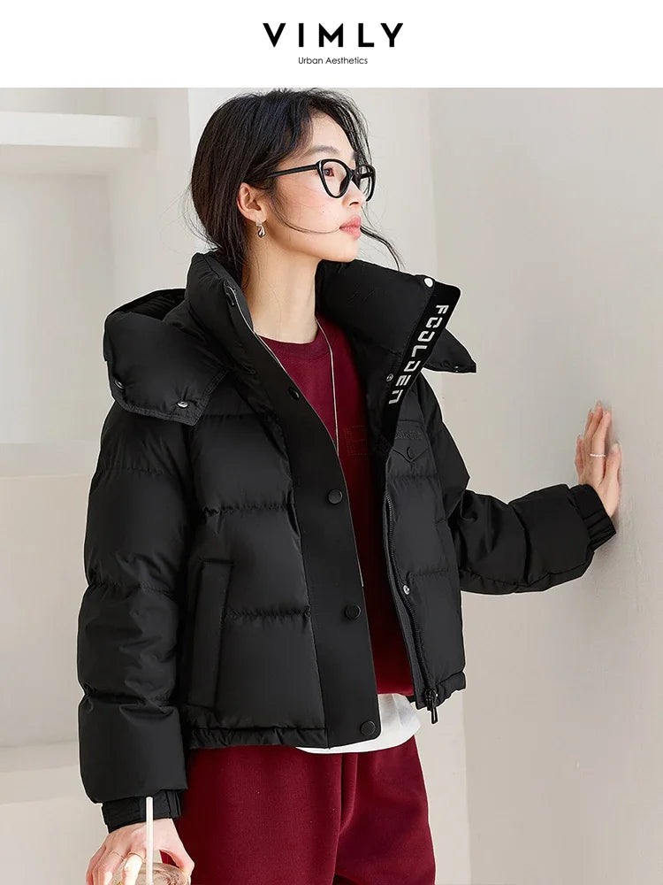 VIMLY Women's Office Lady Short Down Jacket Winter New 90% White Duck Down Hooded Warm Jacket Coat Simple Casual Outercoat50807