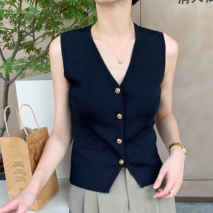 Old Money Chic Style V-neck Knitted Vest Solid Colour Waistcoat