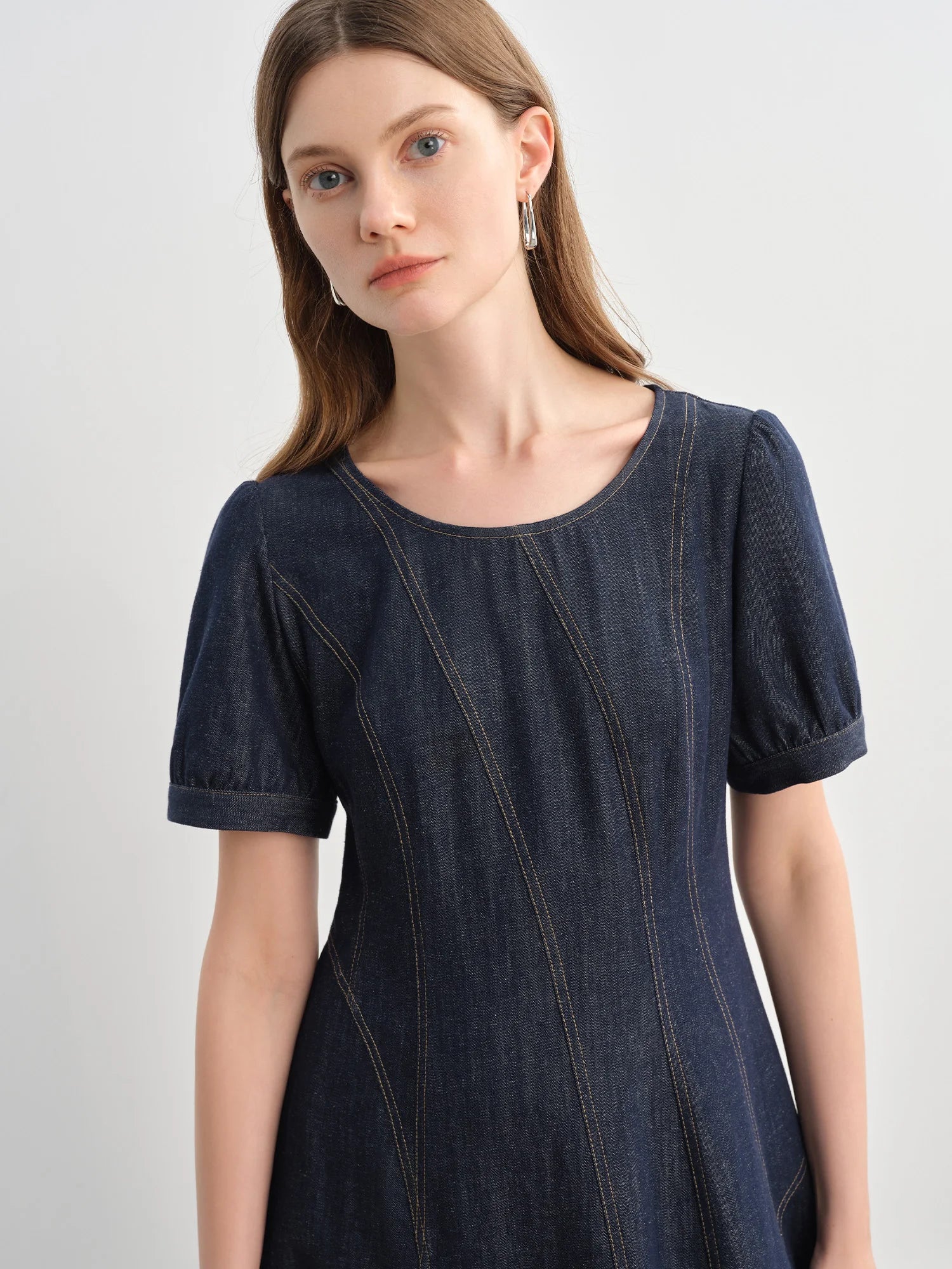 DUSHU Plus Size Denim Dress Women Summer Lyocell Tencel Breathable Slim Vest Dress Line Carved Dress