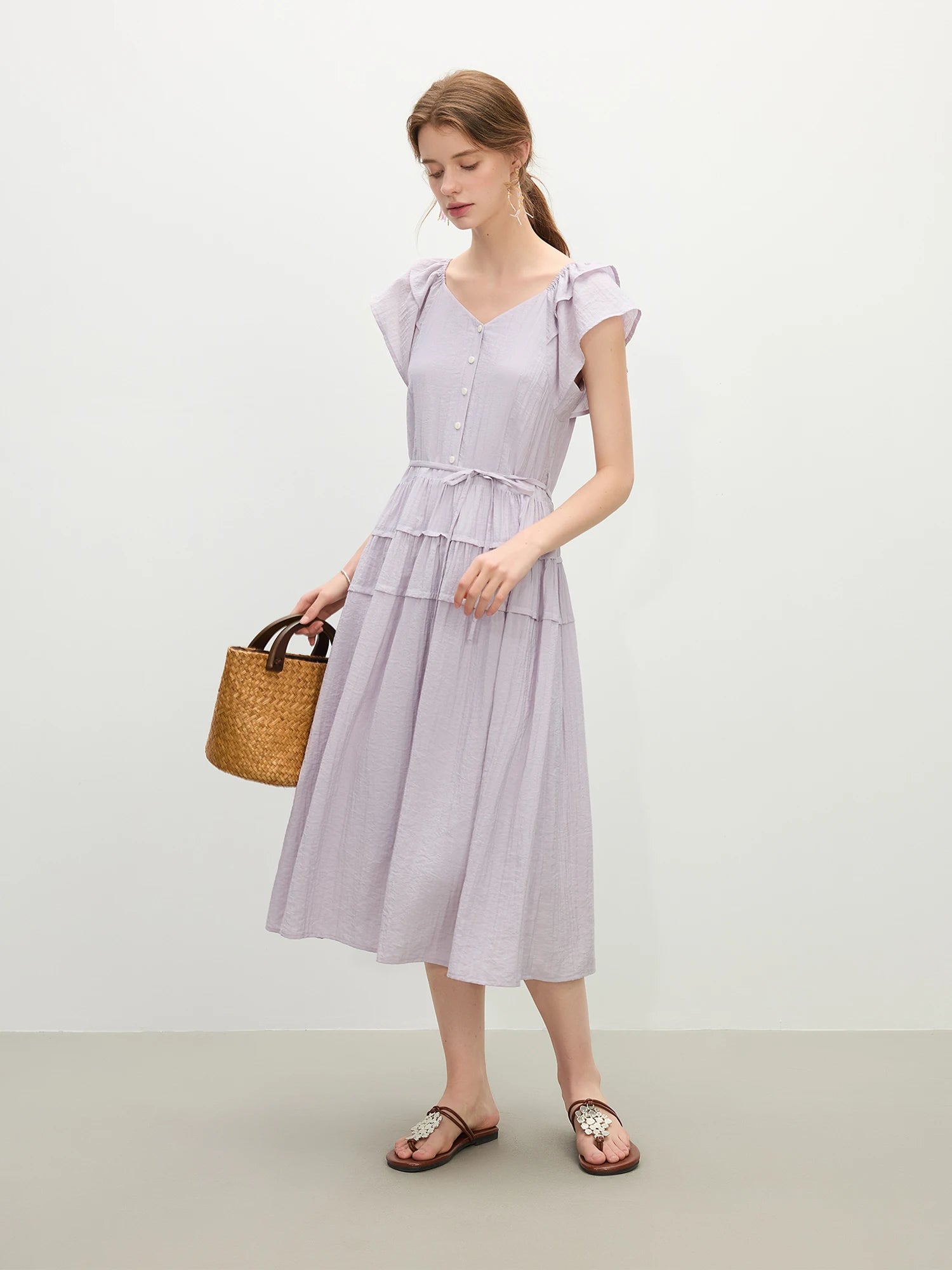 FSLE 2025 Summer Women's French-Inspired Square Neck Dress - Flutter Sleeve Contrast Panels & Elegant Midi Silhouette