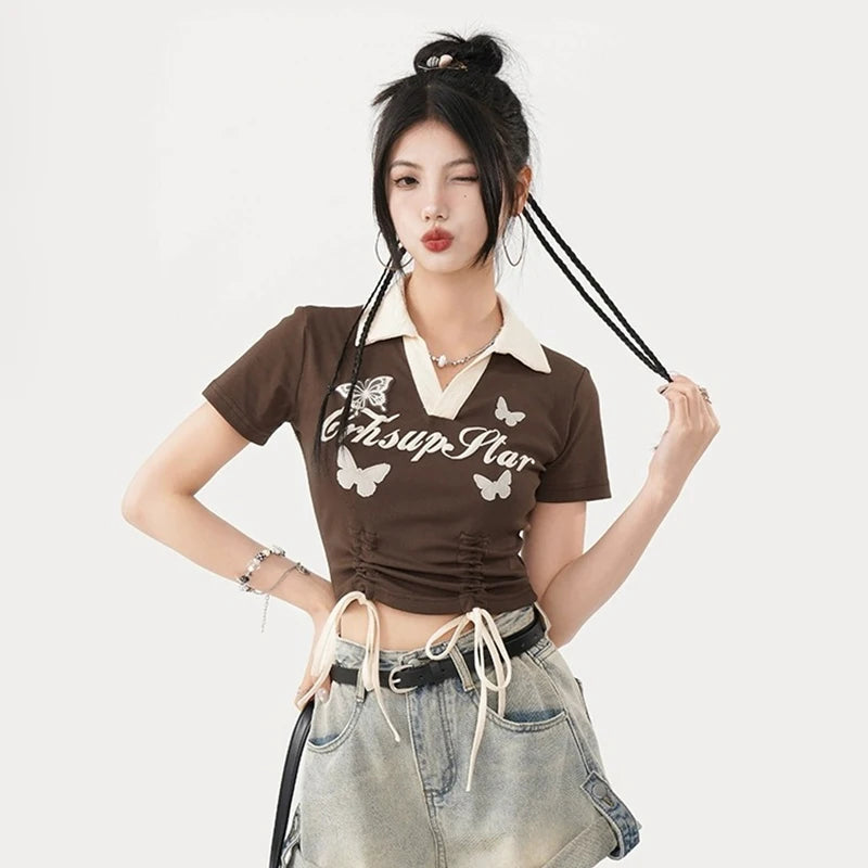 Women Versatile V-Neck Y2k Clothes Lady Korean Vintage Leisure Short Sleeved T-shirts Female Drawstring Tie Up Graphic Tops