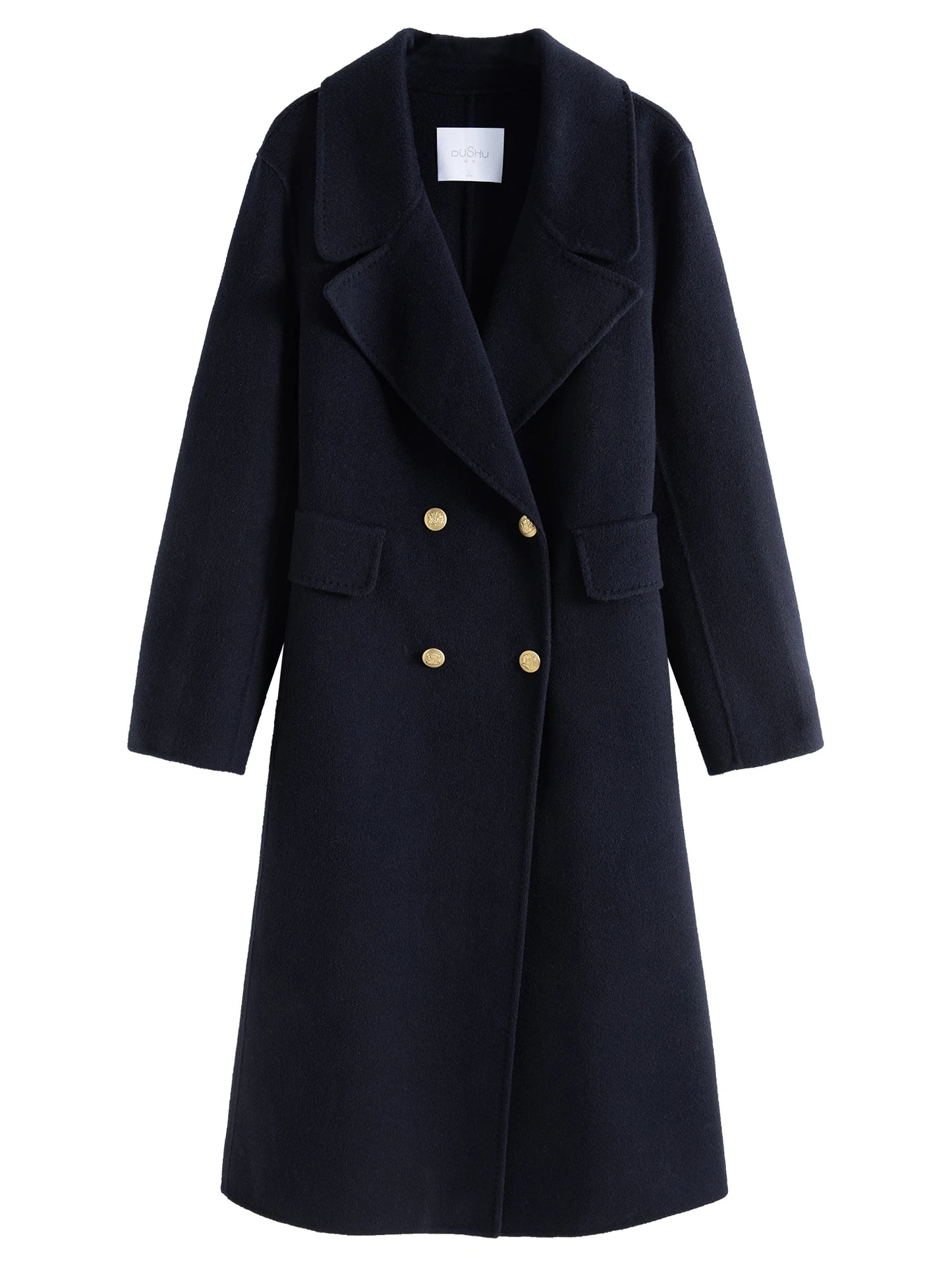 DUSHU 100% Wool Women Long Navy Blue Woolen Jackets Big Turn-down Collar Double Breasted Straight Winter Wool Coats 24DS84266