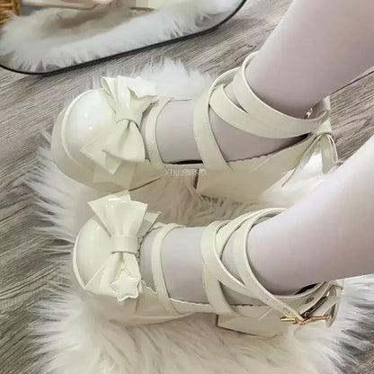 2024 New Sweet Vintage Mary Janes Shoes Women Star Buckle Lolita Kawaii Platform Shoes Female Bow-knot Cute Designer Shoes