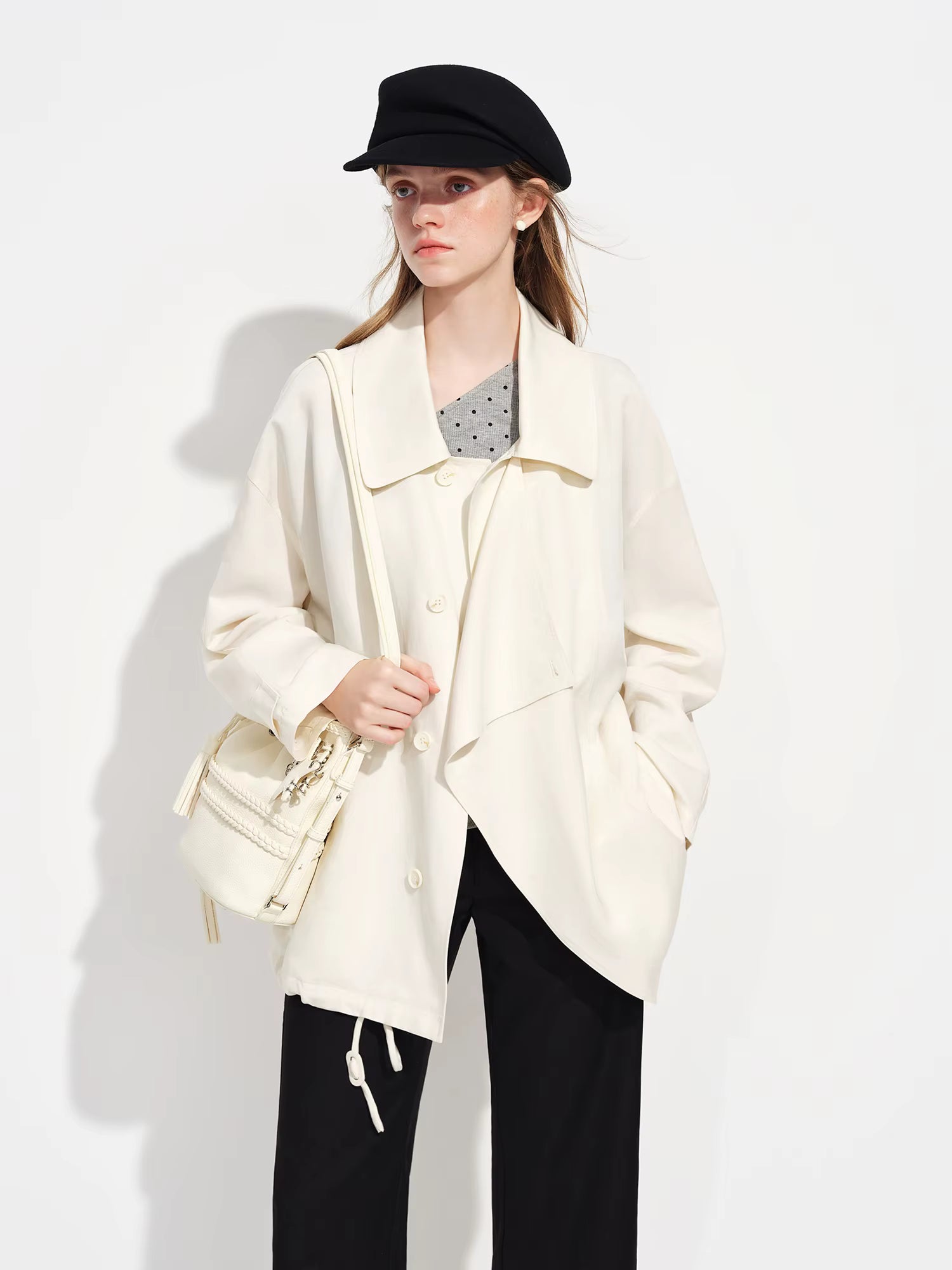 Relaxed Drawstring Turned-Up Collar Jacket for Women Spring 2026 New Arrival Long-Sleeve Top Lyocell Chestnut Brown Jackets