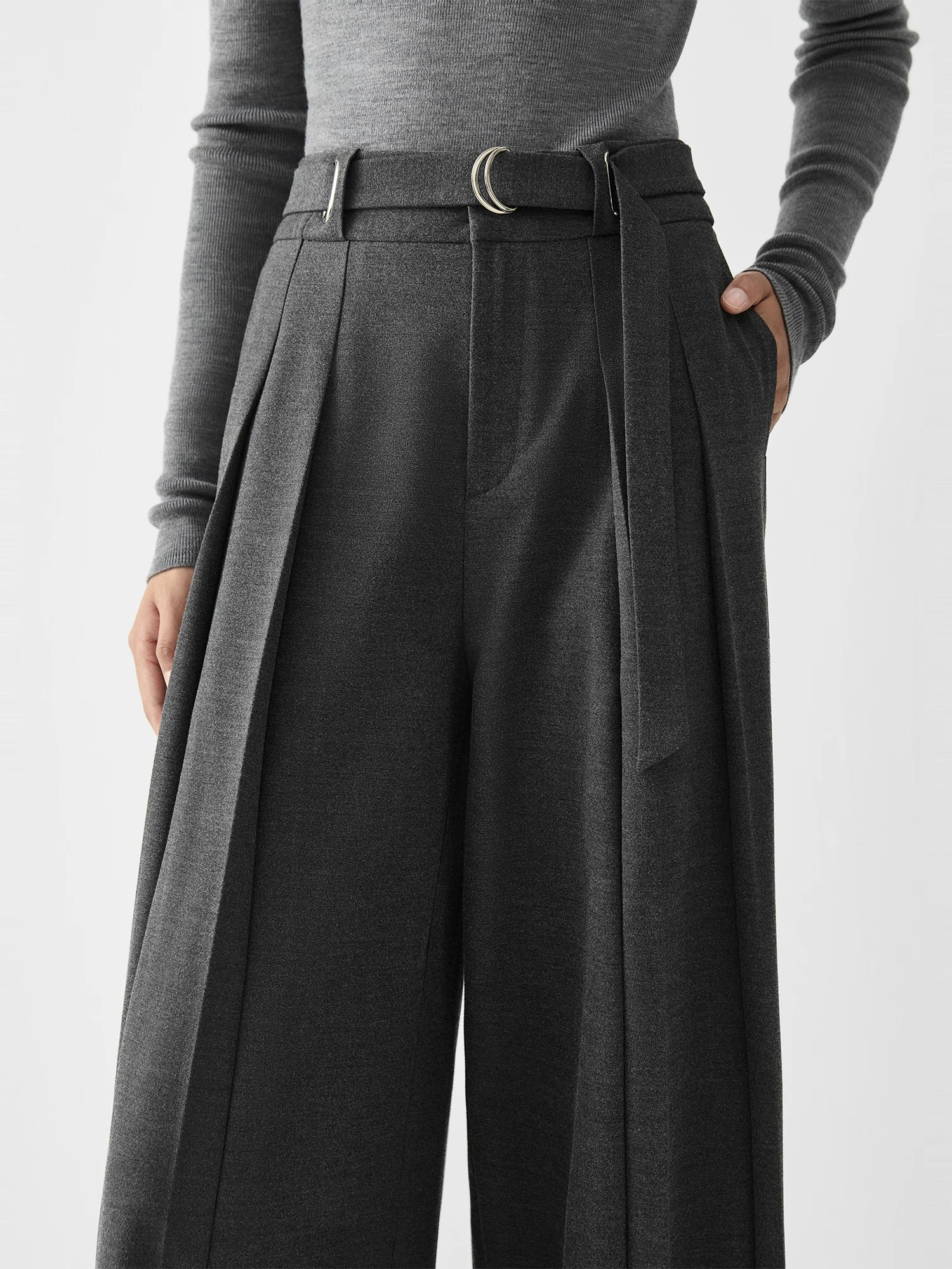 FSLE Women Winter Long Trousers Pleated Design Female Grey Elegant Thicken Full Length Loose Pants With Sashes 24FS14504