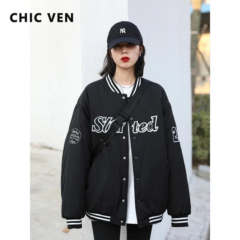 CHIC VEN Women Jacket Streetwear Casual Letter Baseball Quilted Female Overcoat Thick Warm Lady Coat Autumn Winter 2024