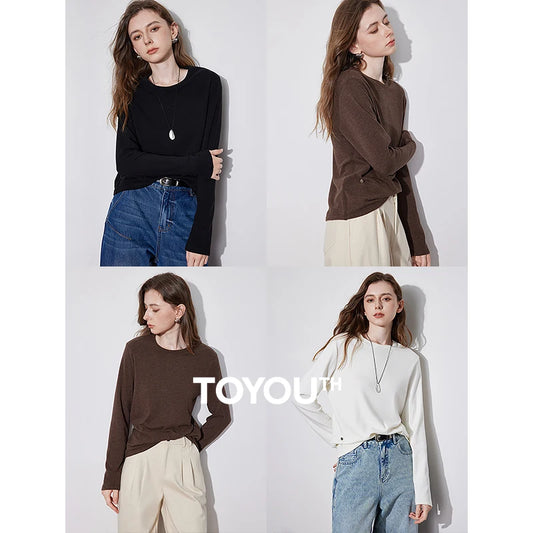 TOYOTUH Women Long Sleeve T-shirt 2024 Autumn and Winter New Fleece Round Neck Thicking Warm Basic Shirt Tops