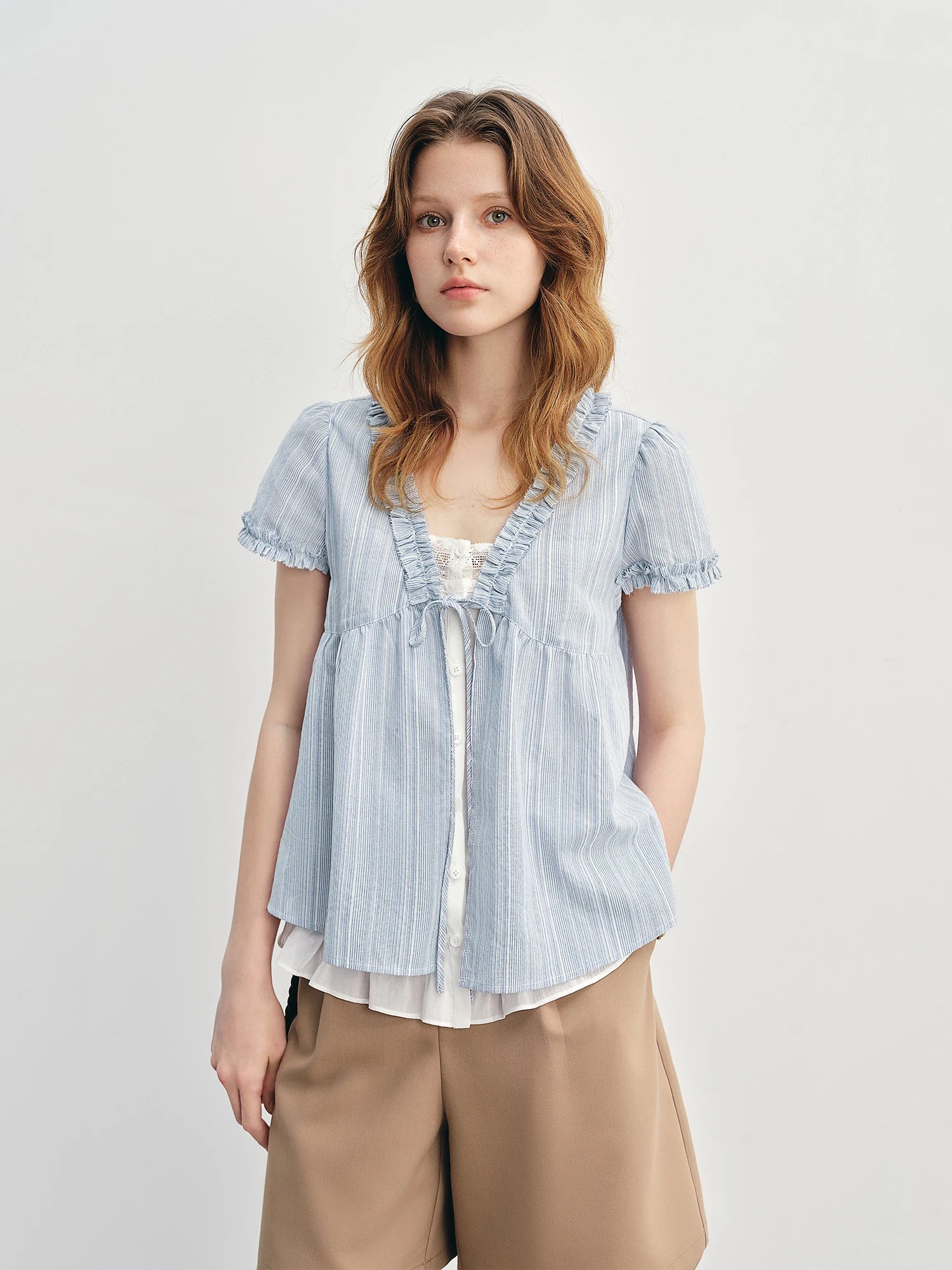 DUSHU Ruffled Fake Two-piece Shirt 2025 Summer New Striped Blue Top Shirt