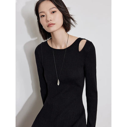 TOYOUTH Women Knitted Dress 2024 Autumn Winter New Elegant Style Off Shoulder Slim Waist Ankle Length Black Party Dress