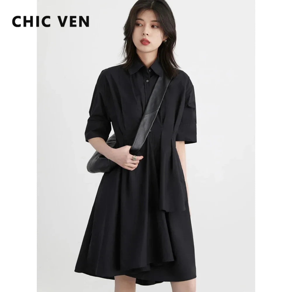 CHIC VEN Women Dresses Short Sleeve Black New Design Irregular Fold Shirt Dress for Woman A Line Office Lady Summer 2024