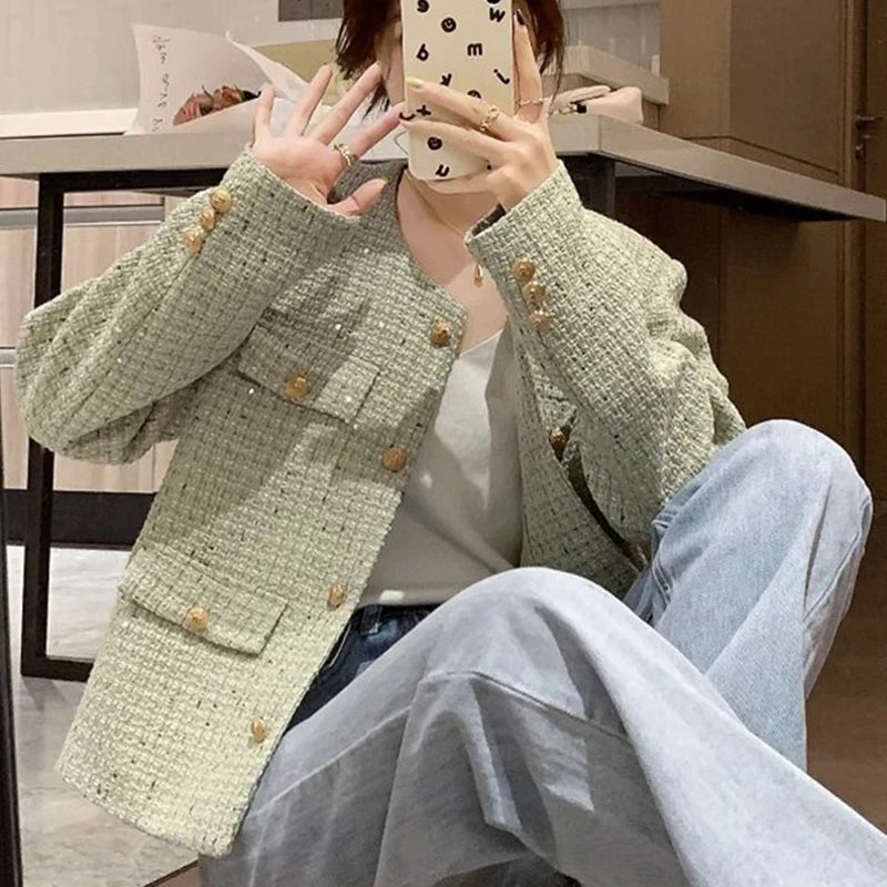 Hdspq Chic Striped Tweed Jackets Women 2023 Autumn Woman O Neck Long Sleeve Coats Woman with Pocket Korean Style Jacket Outwear