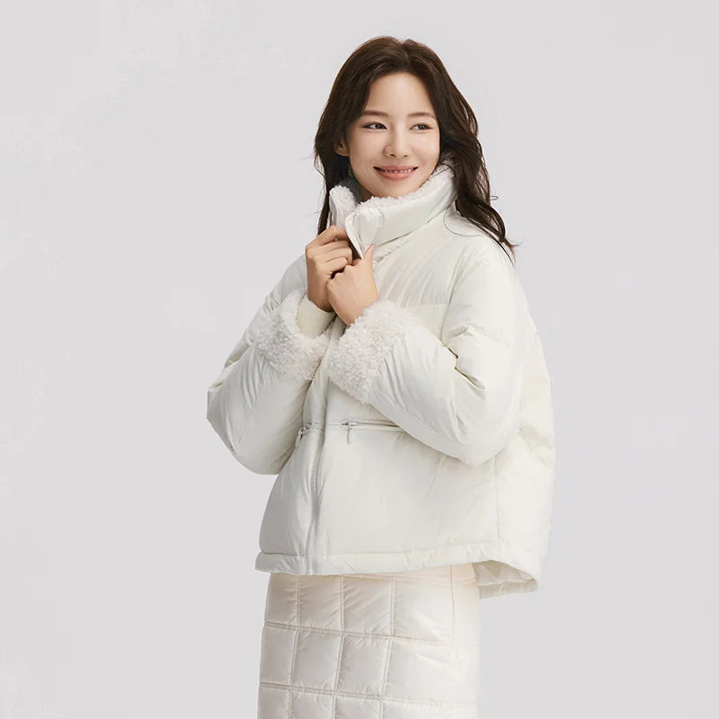 Semir Down Jacket Women Loose Solid Color 2024 New Winter Patchwork Imitation Lamb Wool Stand-Up Collar Textured Down Jacket