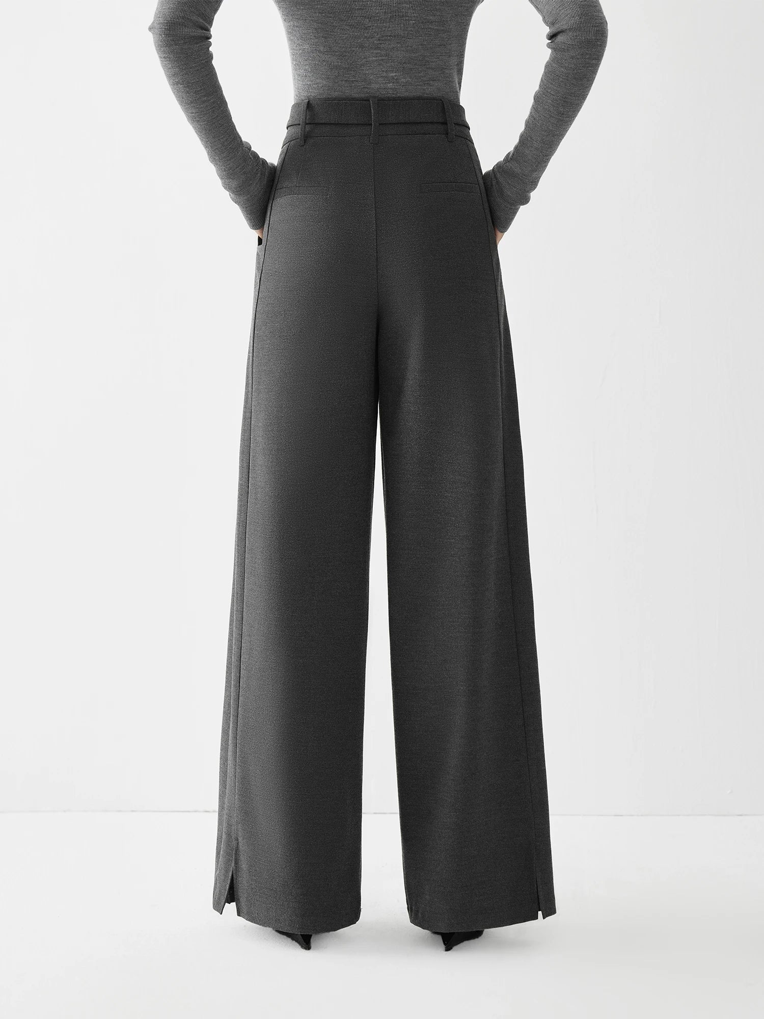 FSLE Women Winter Long Trousers Pleated Design Female Grey Elegant Thicken Full Length Loose Pants With Sashes 24FS14504